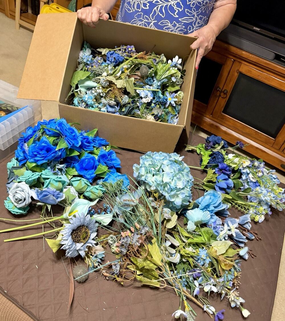 Large Lot / Box of Miscellaneous Artificial Silk Flowers - Blue Shades